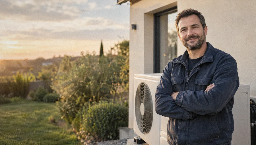 Artisan chauffagiste souriant devant une maison équipée d'une pompe à chaleur